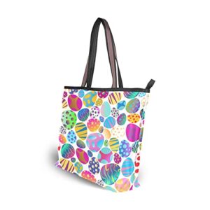 Women's Tote Purse with Pocket Easter Egg Printed Handbag Polyester Tote Bag Spring Tote Purse