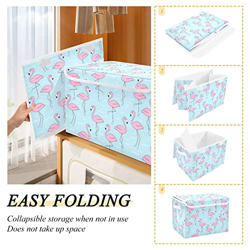 CaTaKu Flamingo Blue Cute Storage Bins with Lids Fabric Large Storage Container Cube Basket with Handle Decorative Storage Boxes for Organizing Clothes Shelves