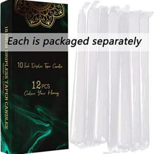 White Dinner Candles - 12 Pack Unscented 10 Inch Straight Taper Candle Set - 7.5 Hour Burn Time- Smokeless and Dripless Household, Spa, Wedding, and Party Candlesticks