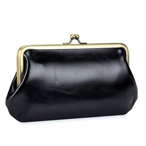 Vintage Leather Clutch Purses for Women Small Evening Bag Wallet With Kiss Lock (1-Black)