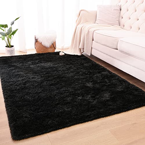 Maxsoft Ultra Soft Shaggy Rug for Bedroom, 5x8 Feet Indoor Modern Fluffy Area Rugs Fuzzy Carpet for Living Room, Upgrade Non-Slip Plush Furry Floor Christmas Rug for Nursery Home Decor, Black