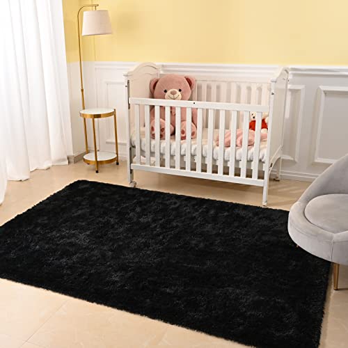 Maxsoft Ultra Soft Shaggy Rug for Bedroom, 5x8 Feet Indoor Modern Fluffy Area Rugs Fuzzy Carpet for Living Room, Upgrade Non-Slip Plush Furry Floor Christmas Rug for Nursery Home Decor, Black