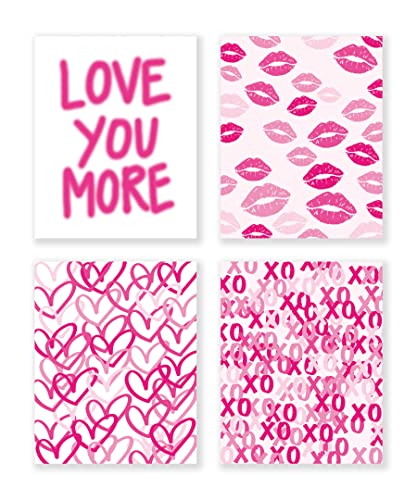 LiTiu Hot Pink Lips Hearts XOXO Love You More Preppy Wall Art Poster Prints Decor, 8”x10”Set Of 4, Preppy Love Artwork Girl Gifts for Women, Decorations For Home Bedroom