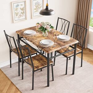 idealhouse kitchen table set for 4, dining table and chairs, rectangular dining room table set with 4 metal and wood chairs, 5 piece dining table set for small space, apartment, rustic brown