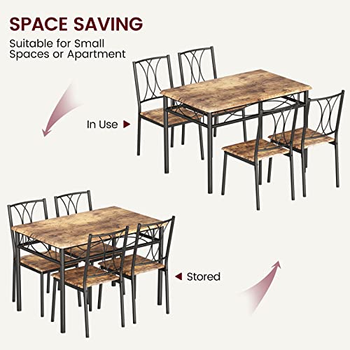 IDEALHOUSE Kitchen Table Set for 4, Dining Table and Chairs, Rectangular Dining Room Table Set with 4 Metal and Wood Chairs, 5 Piece Dining Table Set for Small Space, Apartment, Rustic Brown