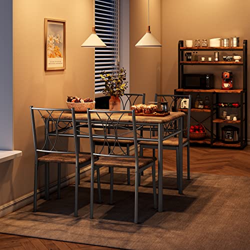 IDEALHOUSE Kitchen Table Set for 4, Dining Table and Chairs, Rectangular Dining Room Table Set with 4 Metal and Wood Chairs, 5 Piece Dining Table Set for Small Space, Apartment, Rustic Brown