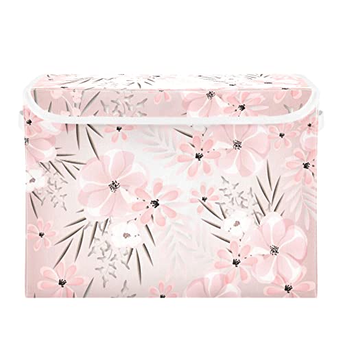 Kigai Storage Basket Pink Flowers Print Storage Boxes with Lids and Handle, Large Storage Cube Bin Collapsible for Shelves Closet Bedroom Living Room, 16.5x12.6x11.8 In