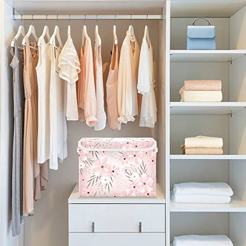 Kigai Storage Basket Pink Flowers Print Storage Boxes with Lids and Handle, Large Storage Cube Bin Collapsible for Shelves Closet Bedroom Living Room, 16.5x12.6x11.8 In