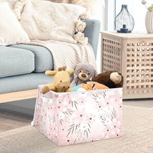 Kigai Storage Basket Pink Flowers Print Storage Boxes with Lids and Handle, Large Storage Cube Bin Collapsible for Shelves Closet Bedroom Living Room, 16.5x12.6x11.8 In