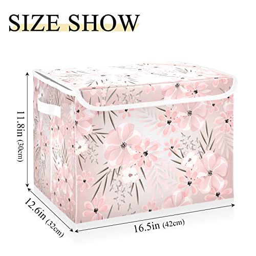 Kigai Storage Basket Pink Flowers Print Storage Boxes with Lids and Handle, Large Storage Cube Bin Collapsible for Shelves Closet Bedroom Living Room, 16.5x12.6x11.8 In