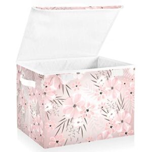 Kigai Storage Basket Pink Flowers Print Storage Boxes with Lids and Handle, Large Storage Cube Bin Collapsible for Shelves Closet Bedroom Living Room, 16.5x12.6x11.8 In