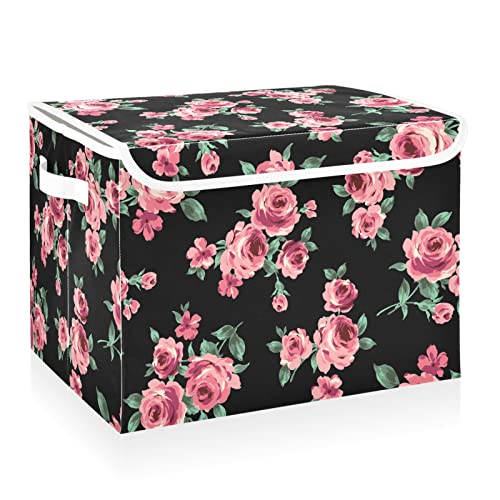 CaTaKu Pink Rose Floral Storage Bins with Lids Fabric Large Storage Container Cube Basket with Handle Decorative Storage Boxes for Organizing Clothes Shelves