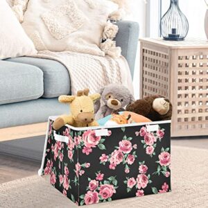 CaTaKu Pink Rose Floral Storage Bins with Lids Fabric Large Storage Container Cube Basket with Handle Decorative Storage Boxes for Organizing Clothes Shelves