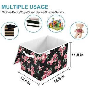 CaTaKu Pink Rose Floral Storage Bins with Lids Fabric Large Storage Container Cube Basket with Handle Decorative Storage Boxes for Organizing Clothes Shelves