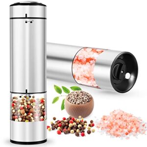 ouwman 2 pack electric salt and pepper grinder set, automatic stainless steel pepper mill grinder with convenient one hand operation, led light, adjustable coarseness, cleaning brush, battery powered