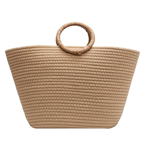 GETERUUV Beach Tote Bag Large Woven Designer Handbag for Women Woven Cotton Rope Tote Bag Aesthetic Top Handle Summer Beach Tote for Vacation Travel