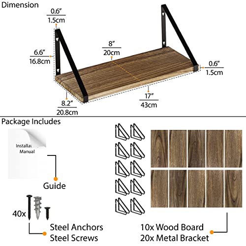 Wallniture Ponza Floating Shelves for Wall, 17"x8" Bookshelf for Large Books, Storage Shelves for Office, Hallway Living Room Decor, Set of 10, Burnt