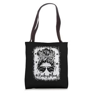 mother’s day sports hockey mom leopard messy bun tote bag