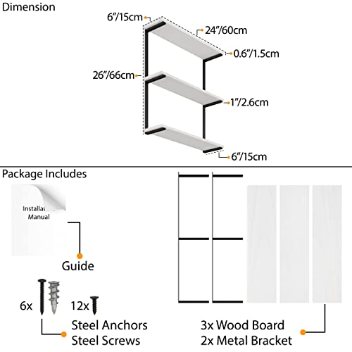 Wallniture Tivoli 24" Bathroom Shelves, Floating Shelves for Wall Decor, Wall Bookshelf Living Room Decor, Kitchen White Shelves for Wall, 3-Tier White Wall Shelves for Bedroom