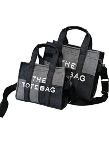 tote bag for women splicing denim handbag large capacity trendy canvas crossbody bags with zipper office travel black-large