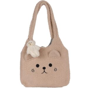 fluffy underarm bag y2k fuzzy plush tote bag cute cartoon bear aesthetic shoulder bag accessories for autumn winter (kakhi)