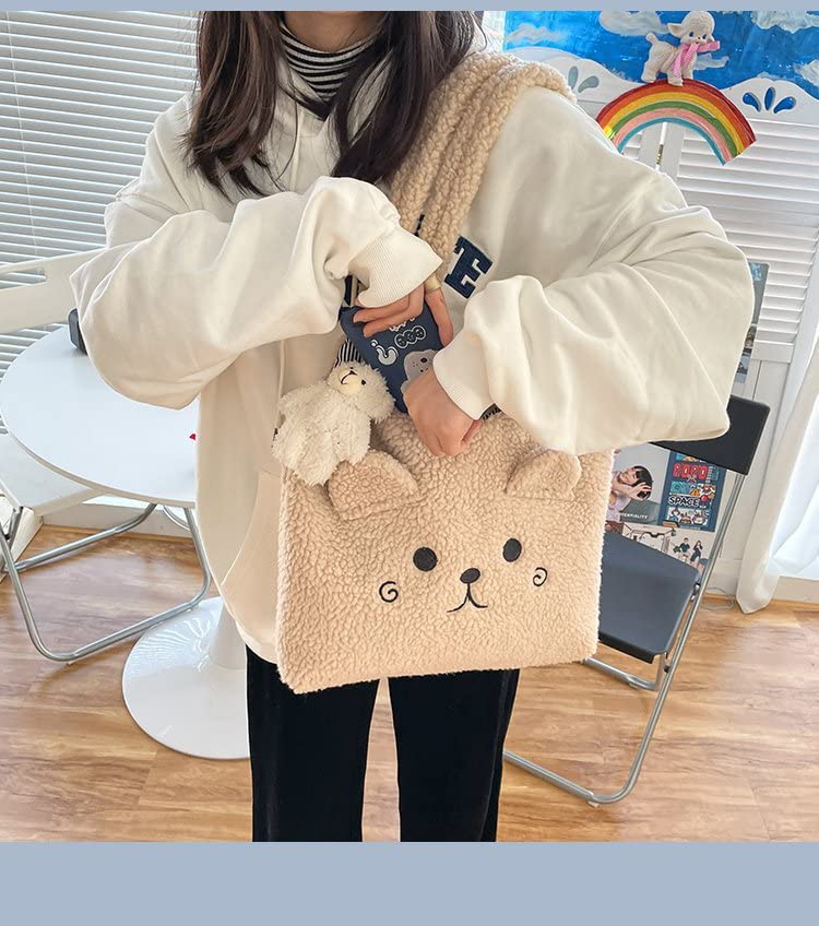 Fluffy Underarm Bag Y2K Fuzzy Plush Tote Bag Cute Cartoon Bear Aesthetic Shoulder Bag Accessories for Autumn Winter (Kakhi)