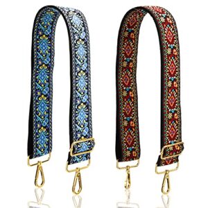amylove 2 pcs crossbody straps replacement for purse guitar 2” wide adjustable multi pattern crossbody straps for bag retro jacquard woven embroidery handbag strap for women shoulder bags, blue red
