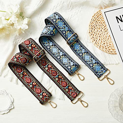 Amylove 2 Pcs Crossbody Straps Replacement for Purse Guitar 2'' Wide Adjustable Multi Pattern Crossbody Straps for Bag Retro Jacquard Woven Embroidery Handbag Strap for Women Shoulder Bags, Blue Red