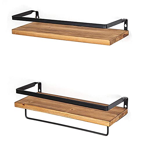 Floating Shelves for Wall 2 Pack, Wall Mounted Storage Shelves with Black Metal Frame and Towel Rack for Bathroom, Bedroom, Living Room, Kitchen, Office