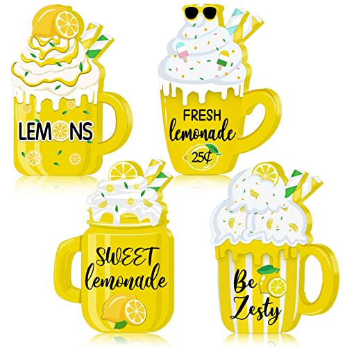 4 Pcs Lemon Tabletop Mug Sign Decor Lemon Table Decor Summer Lemon Tiered Tray Decor Farmhouse Wood Tiered Tray Decor Kitchen Standing Sign for Home Decor