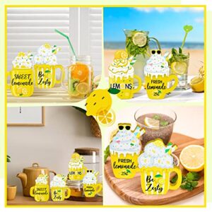 4 Pcs Lemon Tabletop Mug Sign Decor Lemon Table Decor Summer Lemon Tiered Tray Decor Farmhouse Wood Tiered Tray Decor Kitchen Standing Sign for Home Decor