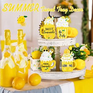 4 Pcs Lemon Tabletop Mug Sign Decor Lemon Table Decor Summer Lemon Tiered Tray Decor Farmhouse Wood Tiered Tray Decor Kitchen Standing Sign for Home Decor