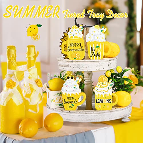 4 Pcs Lemon Tabletop Mug Sign Decor Lemon Table Decor Summer Lemon Tiered Tray Decor Farmhouse Wood Tiered Tray Decor Kitchen Standing Sign for Home Decor