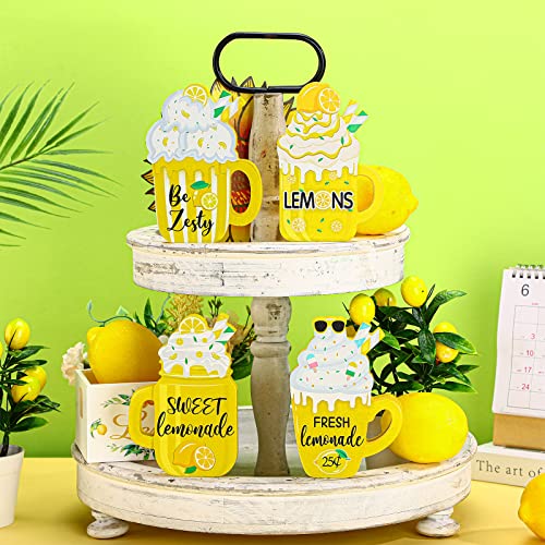 4 Pcs Lemon Tabletop Mug Sign Decor Lemon Table Decor Summer Lemon Tiered Tray Decor Farmhouse Wood Tiered Tray Decor Kitchen Standing Sign for Home Decor