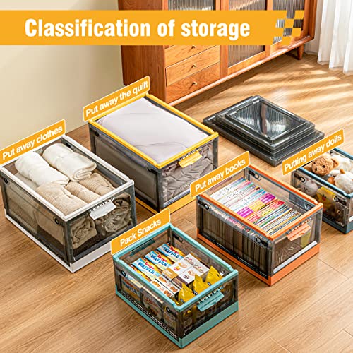 Yhxdev Large Closet Organizers and Storage, 52L Folding Storage Box, Stackable Plastic Storage Bins with Double Doors and Lids, Sterlite Containers with Wheels (Blue)