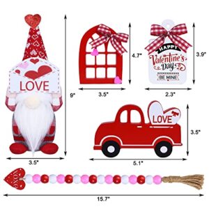 Valentines Day Tiered Tray Decor - 5 Pcs Valentines Wooden Signs Plush Gnome Bead Garland, Valentines Wooden Decor for Farmhouse Valentines Day Decorations Party Supplies(Tiered Tray Not Included)