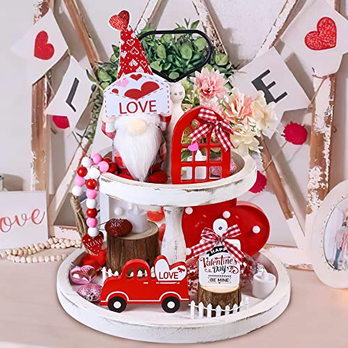 Valentines Day Tiered Tray Decor - 5 Pcs Valentines Wooden Signs Plush Gnome Bead Garland, Valentines Wooden Decor for Farmhouse Valentines Day Decorations Party Supplies(Tiered Tray Not Included)