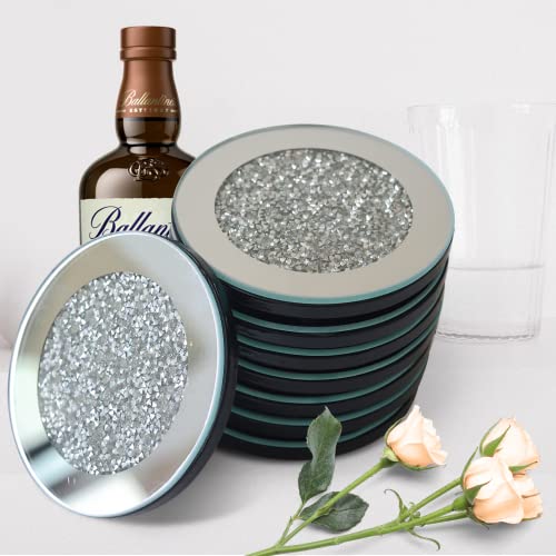 LXARTZJ Glass Mirrored Coaster Set of 8 Diamond Crystal Coasters Silver Cup Mat for Restaurant Kitchen bar Dining Table