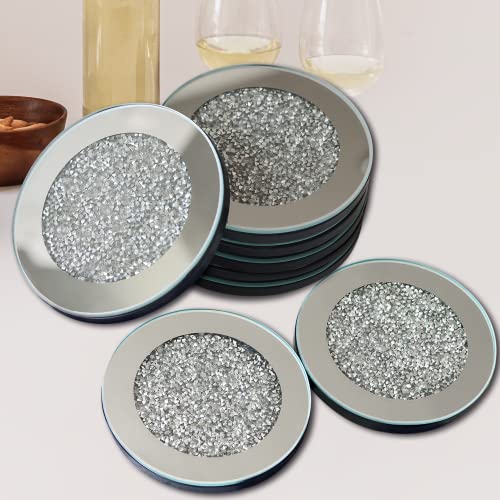 LXARTZJ Glass Mirrored Coaster Set of 8 Diamond Crystal Coasters Silver Cup Mat for Restaurant Kitchen bar Dining Table