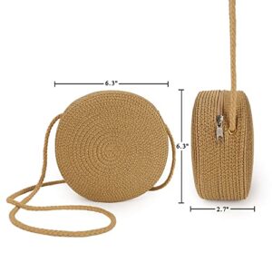 Yomietar Womens Small Round Straw Crossbody Bag Beach Shoulder Bag Handbag Purse for Summer, Brown