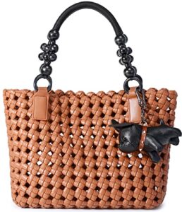 woven tote bags for women, large hollow-out vegan leather fashion top-handle purse shopper bag travel bag (brown)