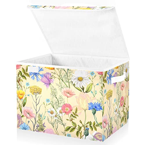 Summer Wildflowers Storage Bin with Lid Large Oxford Cloth Storage Boxes Foldable Home Cube Baskets Closet Organizers for Nursery Bedroom Office