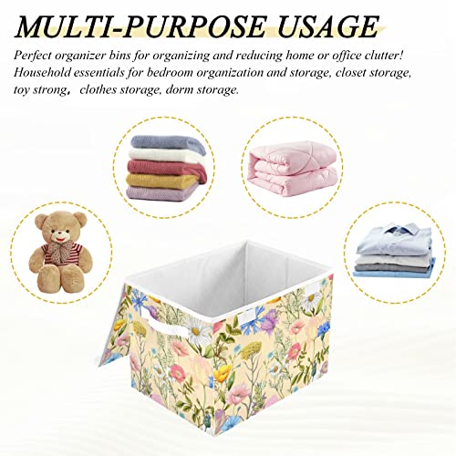 Summer Wildflowers Storage Bin with Lid Large Oxford Cloth Storage Boxes Foldable Home Cube Baskets Closet Organizers for Nursery Bedroom Office