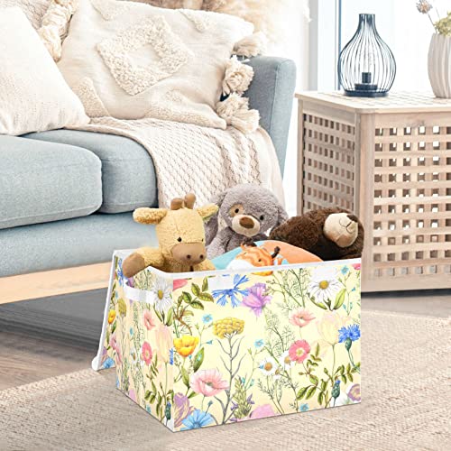 Summer Wildflowers Storage Bin with Lid Large Oxford Cloth Storage Boxes Foldable Home Cube Baskets Closet Organizers for Nursery Bedroom Office