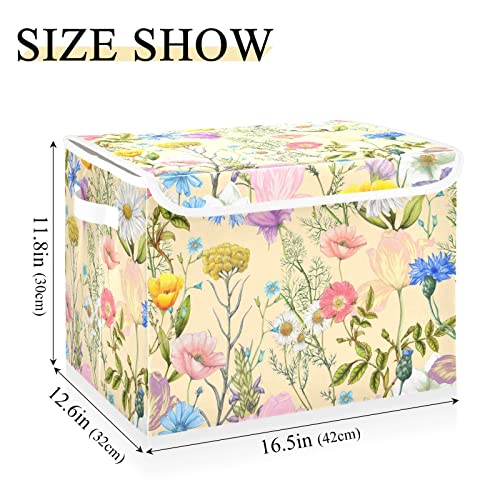 Summer Wildflowers Storage Bin with Lid Large Oxford Cloth Storage Boxes Foldable Home Cube Baskets Closet Organizers for Nursery Bedroom Office
