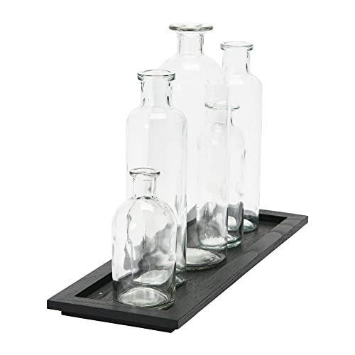 Creative Co-Op Wood Glass Bottle, Set of 5 Sizes Vase Set, Black Tray