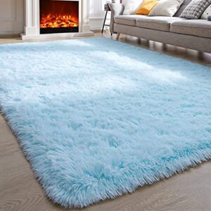 comeet super soft bedroom rug fluffy carpets, 4 x 6 feet, light blue shaggy area rug for living room bedroom baby room, non-slip indoor room carpet for kids boys girls teen nursery dorm home decor