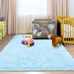 Comeet Super Soft Bedroom Rug Fluffy Carpets, 4 x 6 Feet, Light Blue Shaggy Area Rug for Living Room Bedroom Baby Room, Non-Slip Indoor Room Carpet for Kids Boys Girls Teen Nursery Dorm Home Decor