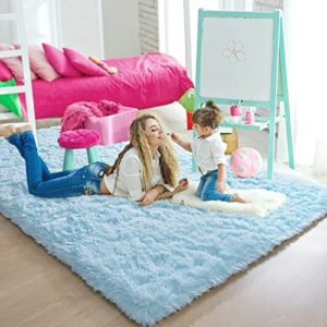 Comeet Super Soft Bedroom Rug Fluffy Carpets, 4 x 6 Feet, Light Blue Shaggy Area Rug for Living Room Bedroom Baby Room, Non-Slip Indoor Room Carpet for Kids Boys Girls Teen Nursery Dorm Home Decor