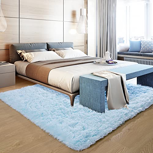 Comeet Super Soft Bedroom Rug Fluffy Carpets, 4 x 6 Feet, Light Blue Shaggy Area Rug for Living Room Bedroom Baby Room, Non-Slip Indoor Room Carpet for Kids Boys Girls Teen Nursery Dorm Home Decor